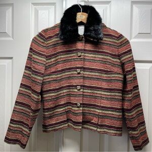 Vintage Koret Women’s Jacket Striped Removable Black Faux Fur Collar  Sz 10P